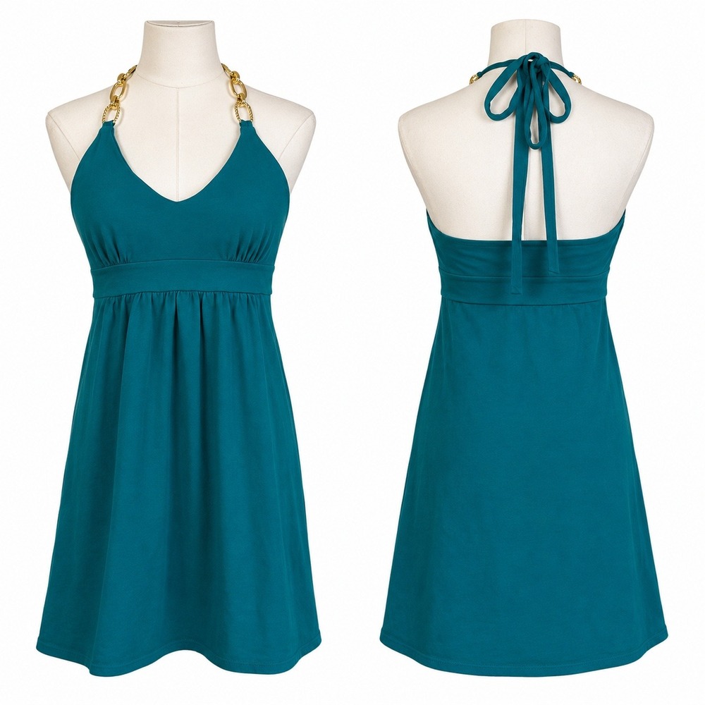 VTG. Victorias Secret‎ Gold Chain Halter Bra Top Dress M Teal Babydoll Y2K Bratz